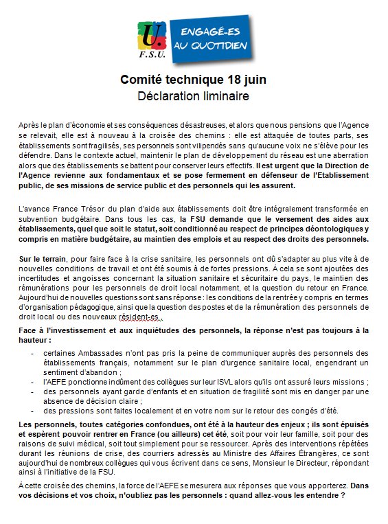 Comité Technique AEFE 18 juin 2020