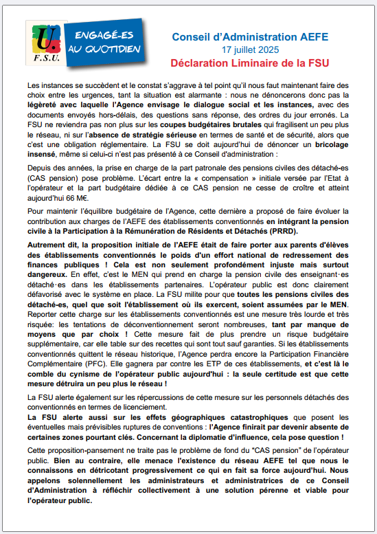 Image Liminaire FSU - CA AEFE 17-07-2025