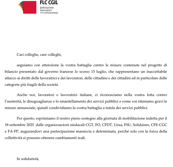 Lettre de soutien du syndicat italien FLC-CGIL transmise par la correspondante FSU-SNUipp de Naples.