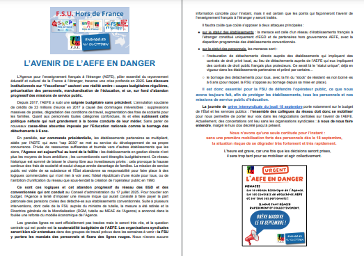 Visuel Tract FSU HDF L'avenir de l'AEFE en danger