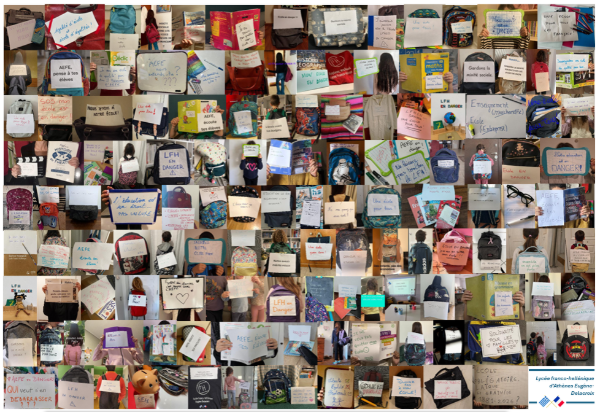 Mosaïque des photos des cartables du LFH Athènes qui protestent contre la reforme de l'AEFE !