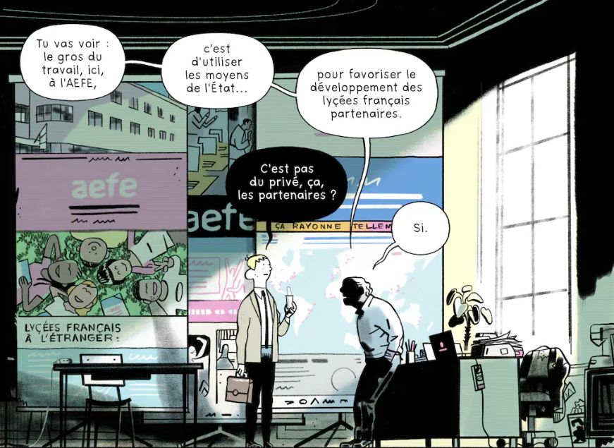 Illustration de Benjamin Adam pour Libération : Soft power Lycées français à l’étranger : enquête sur une lubie d’Emmanuel Macron qui fait les affaires du privé