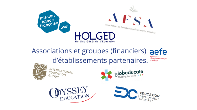 Logos d'associations et de groupes (financiers) d'établissements partenaires de l'AEFE.